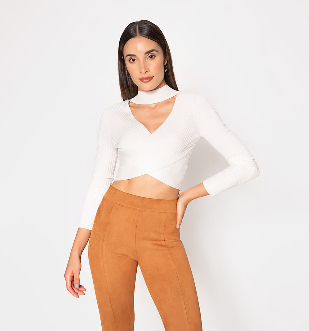 Blusa tejida manga larga cruzada en frente