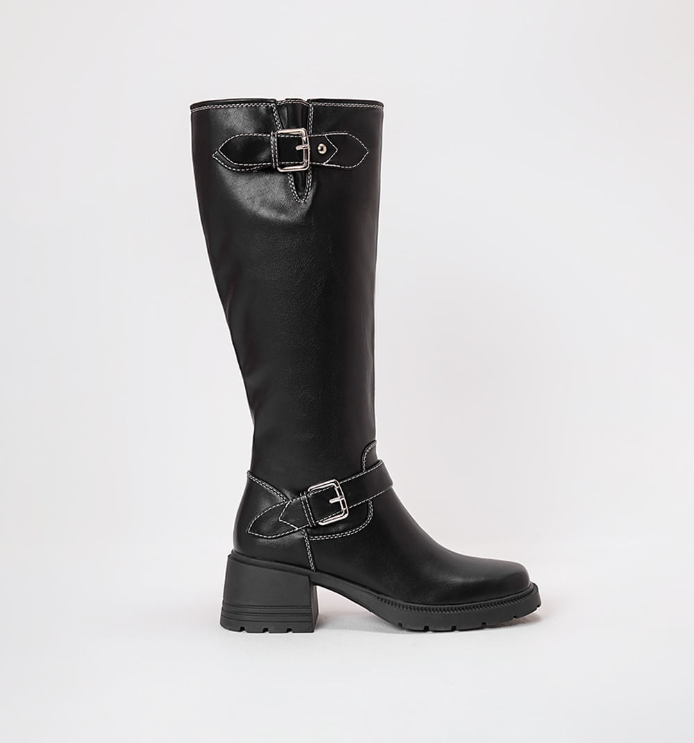 Bota caña alta con costuras y doble hebilla