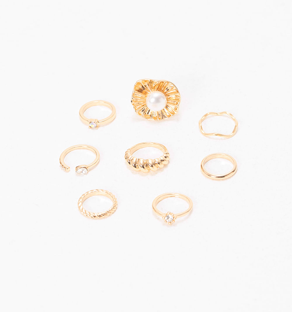 Anillos maxi perla y cristales set x 8