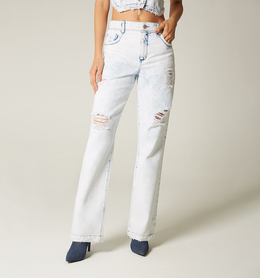 Jean bota recta, cinco bolsillos, tiro alto con destroyer