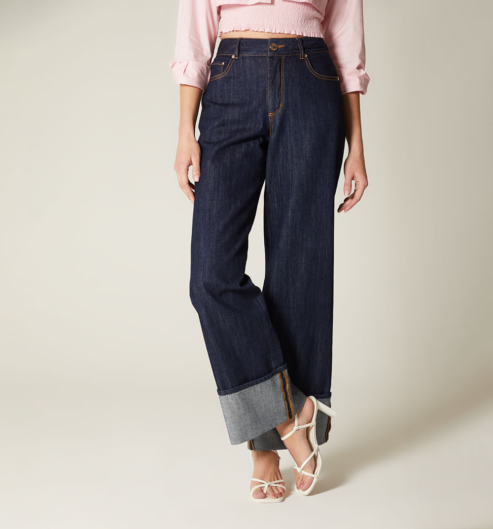 Jean wide leg, tiro alto, cinco bolsillos, con guardapolvo