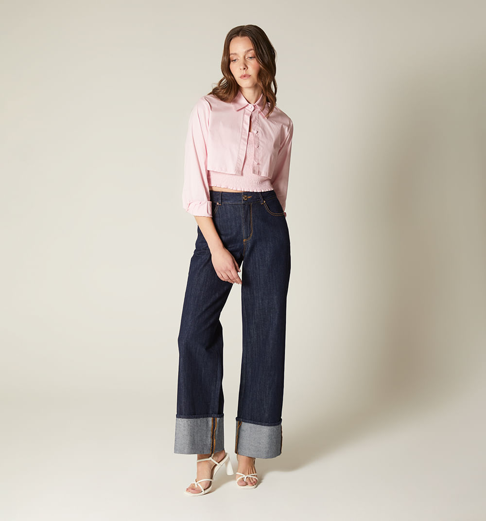 Jean wide leg, tiro alto, cinco bolsillos, con guardapolvo