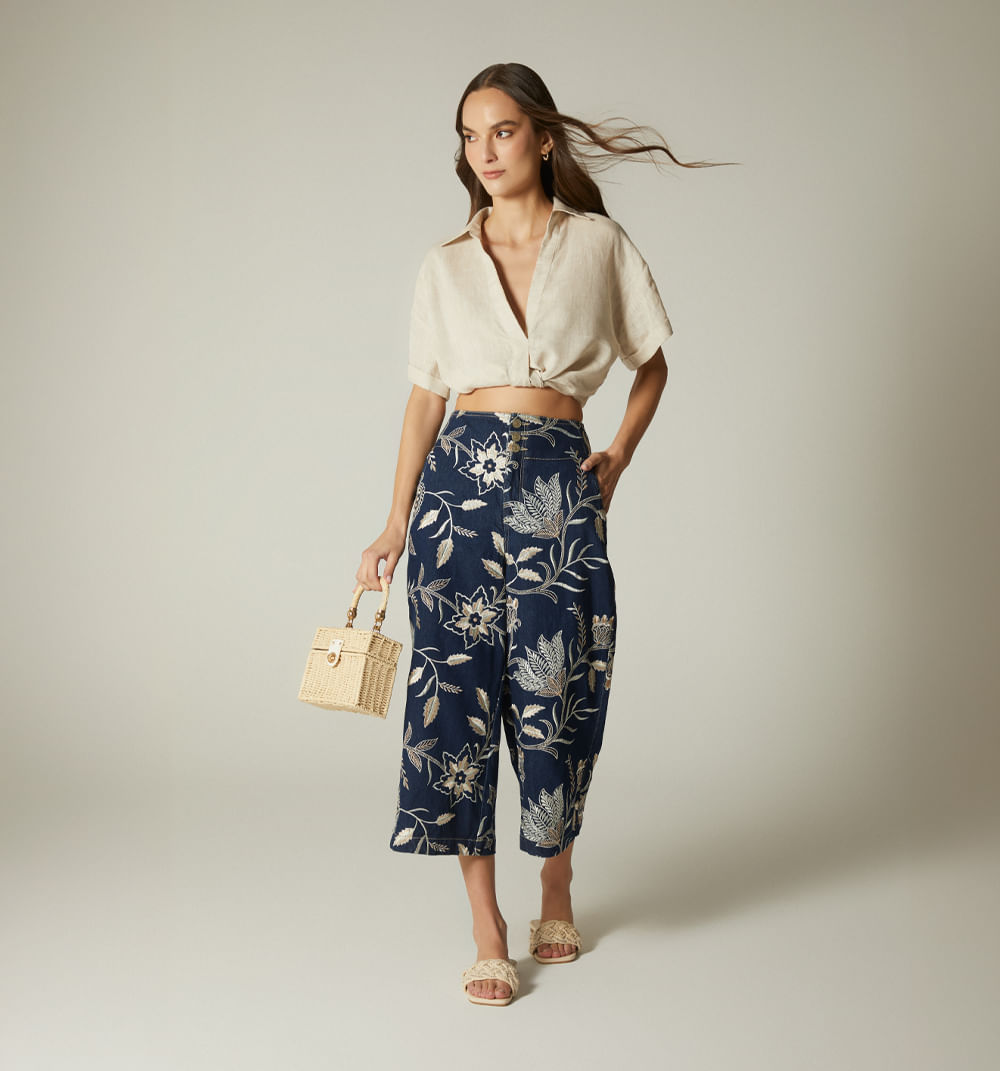 Jean culotte, tiro alto en jacquard
