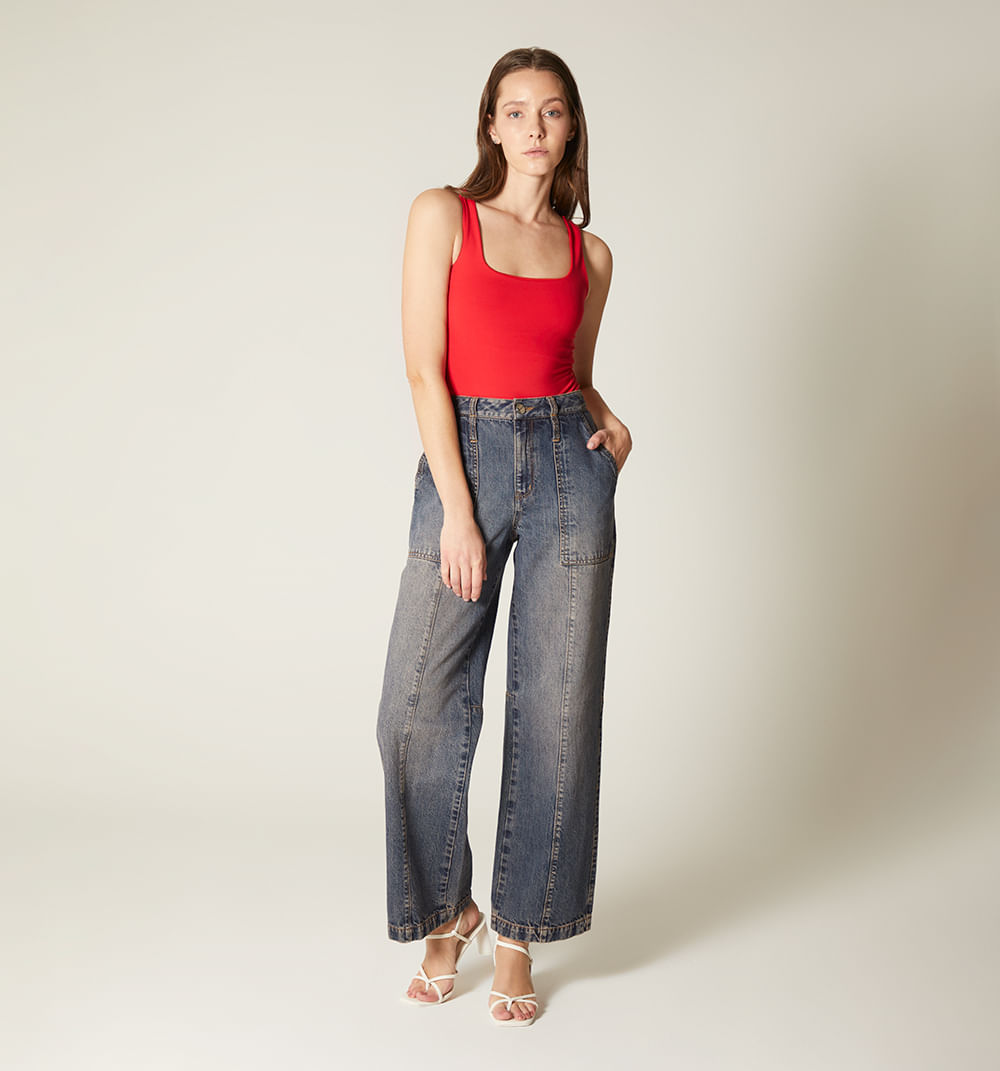 Jean bota recta bolsillos parche cortes para mujer