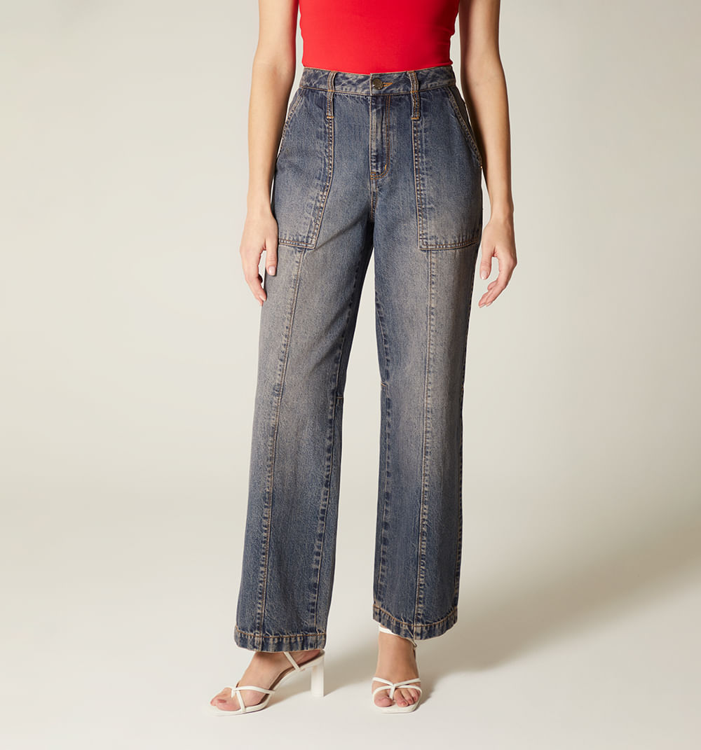 Jean bota recta bolsillos parche cortes para mujer