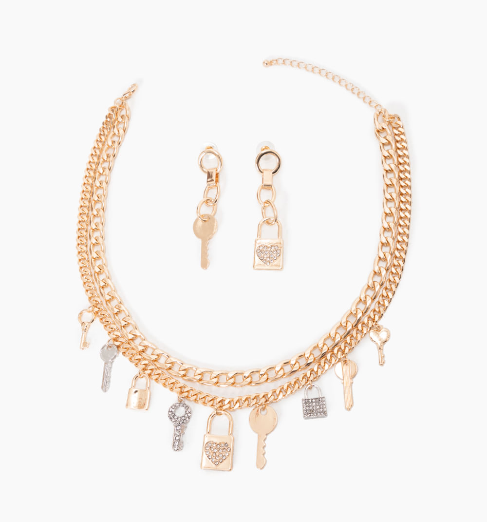 Set aretes y collar candados y llaves cristales