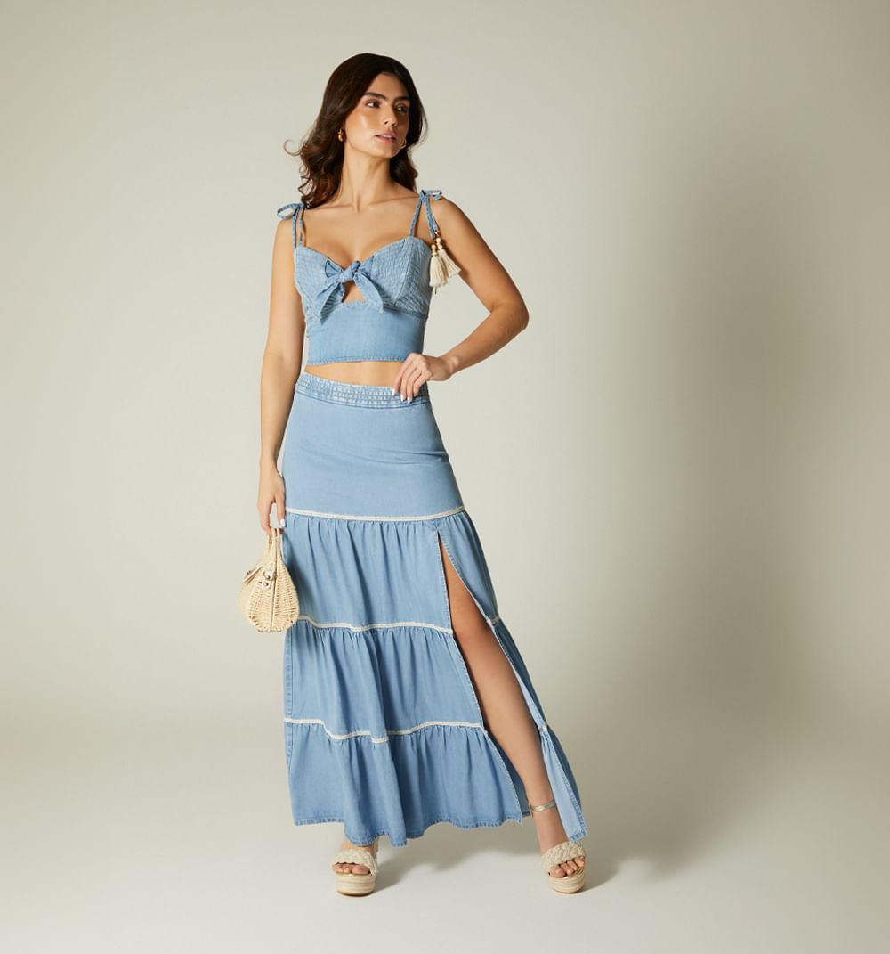 Crop top  de amarrar con múltiples pespuntes denim