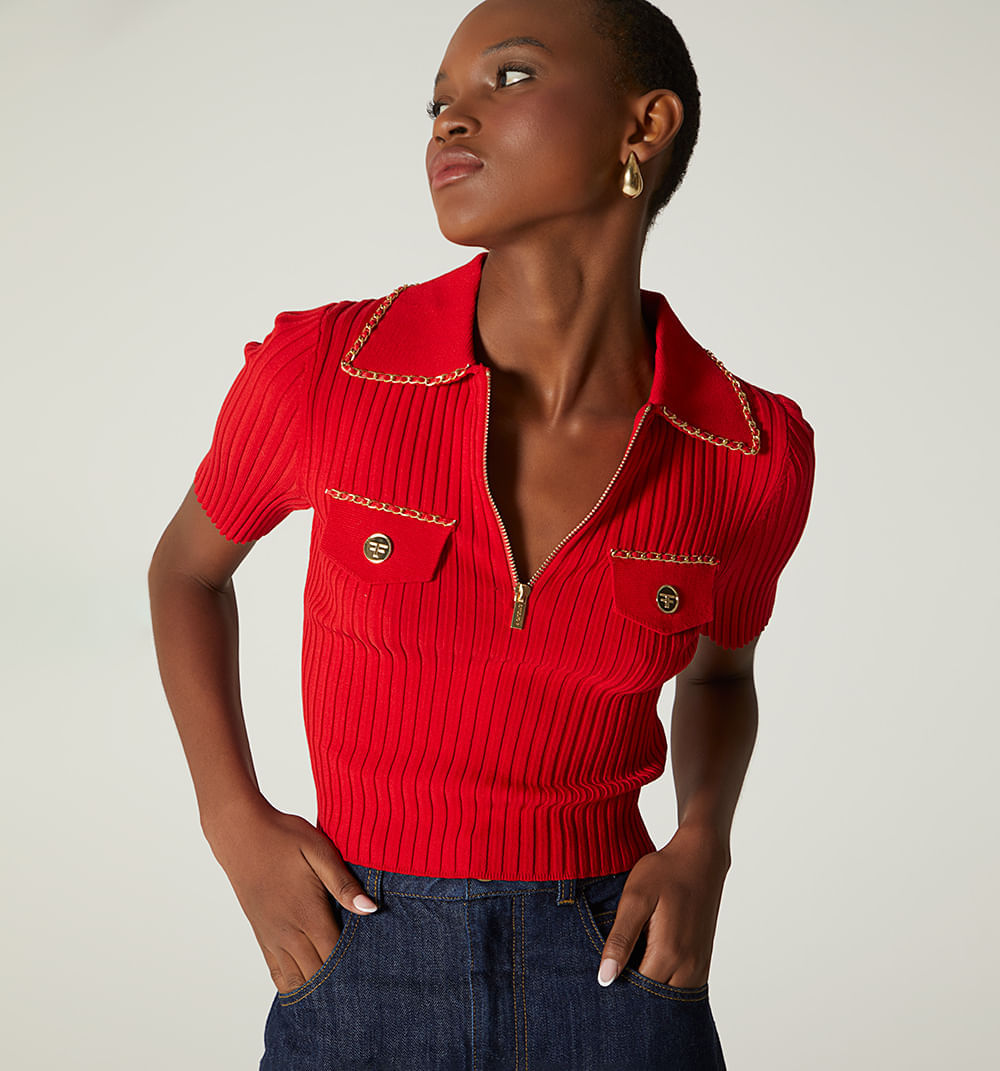 Blusa tejida cuello polo manga corta