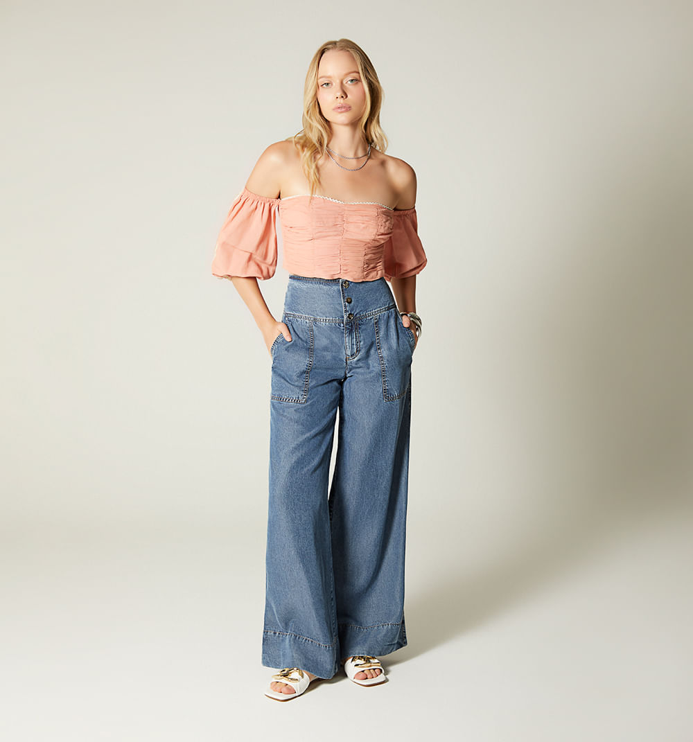Jeans cargo tiro alto