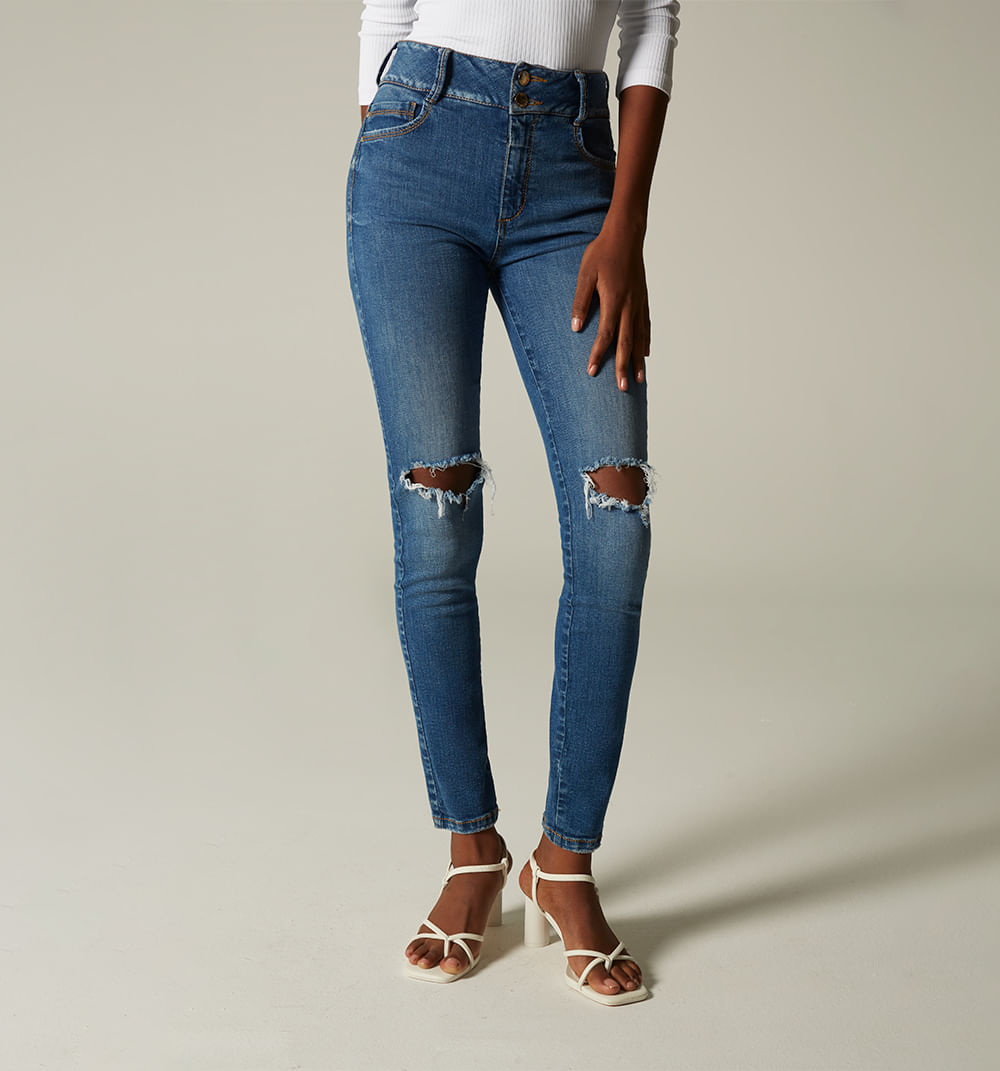Jean skinny tiro alto, cinco bolsillos, rotos en rodilla