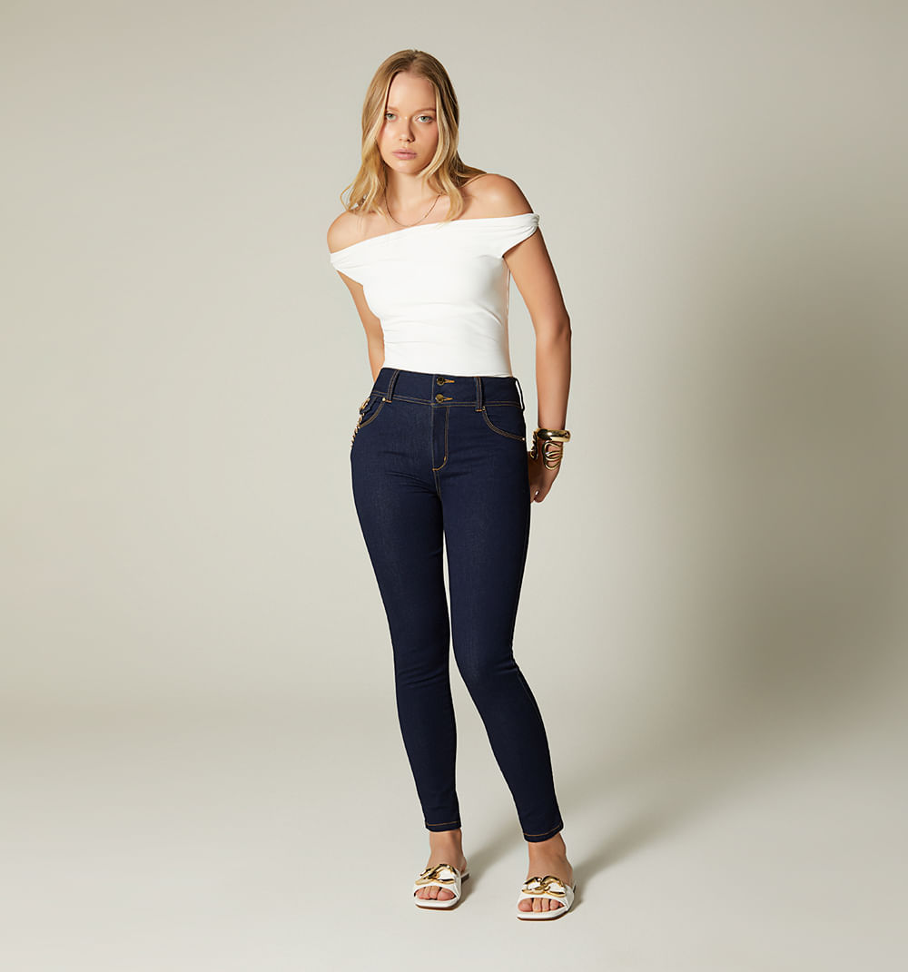 Jean ultraslim tiro alto con cadena para