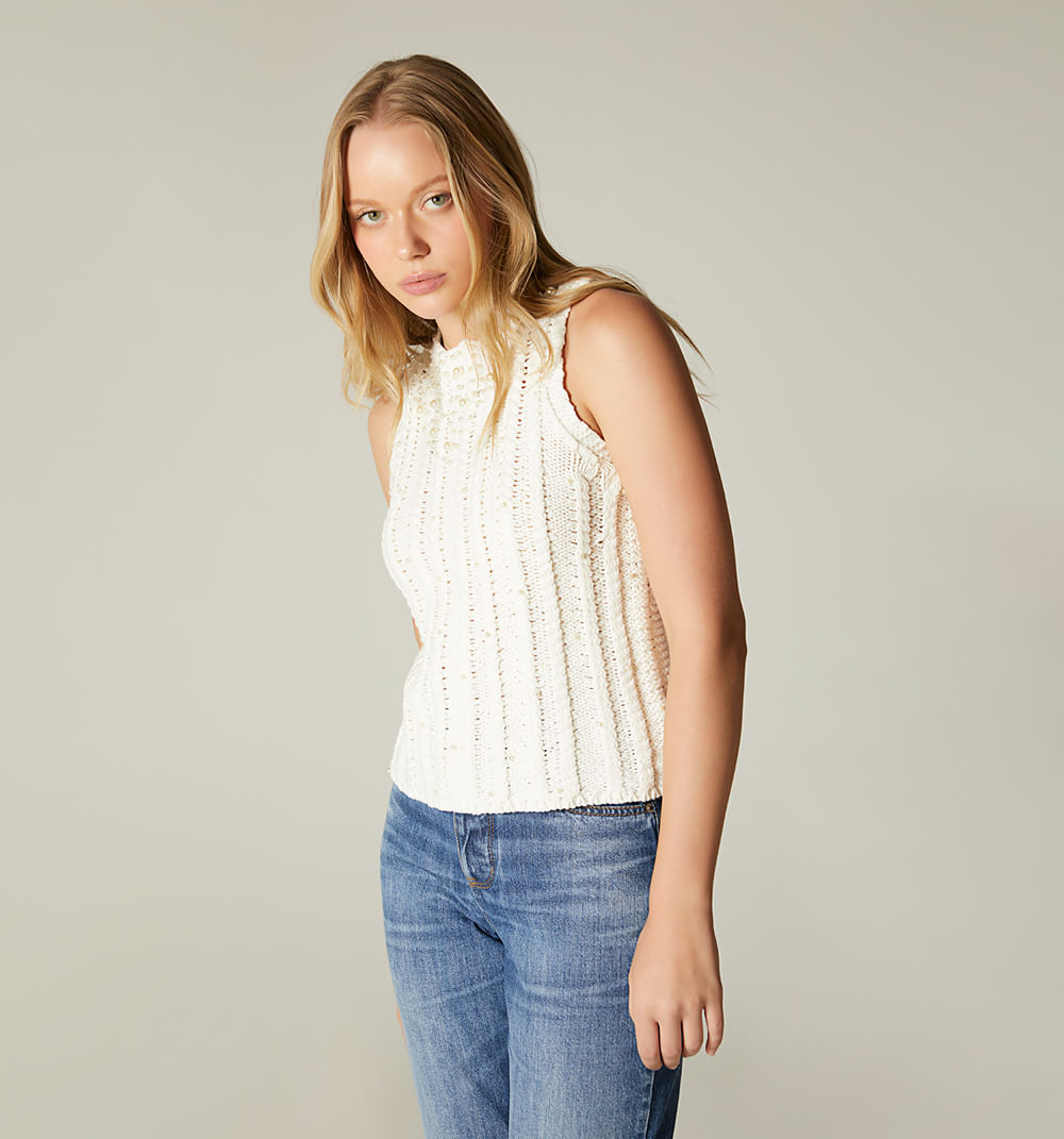 Blusa tejida manga sisa con perlas