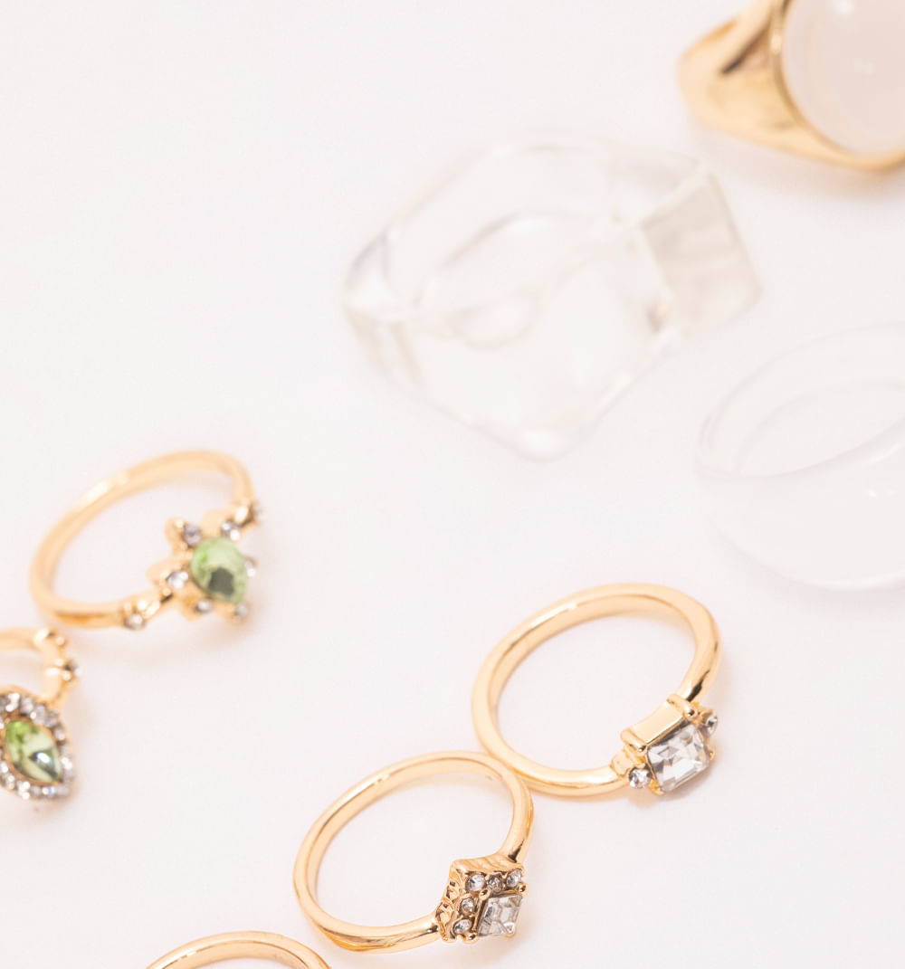 Anillos resina y cristales set x9