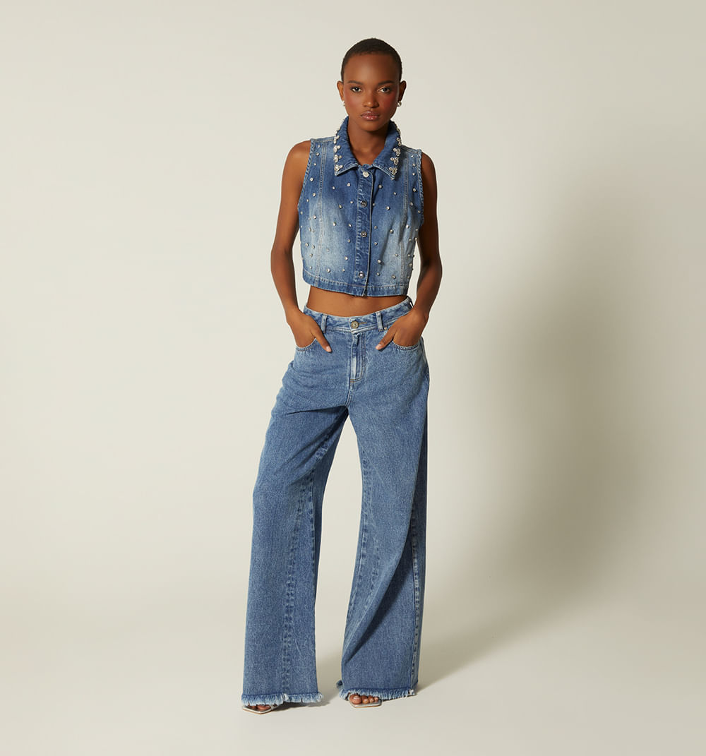 Jean wide leg tiro alto 5 bolsillos