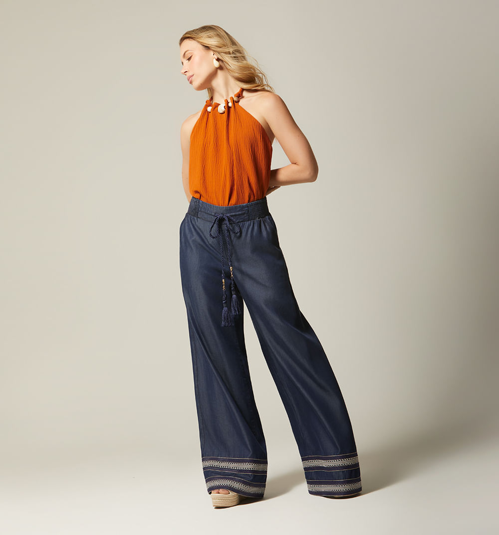 Jean palazo tiro alto con cinta y cordon