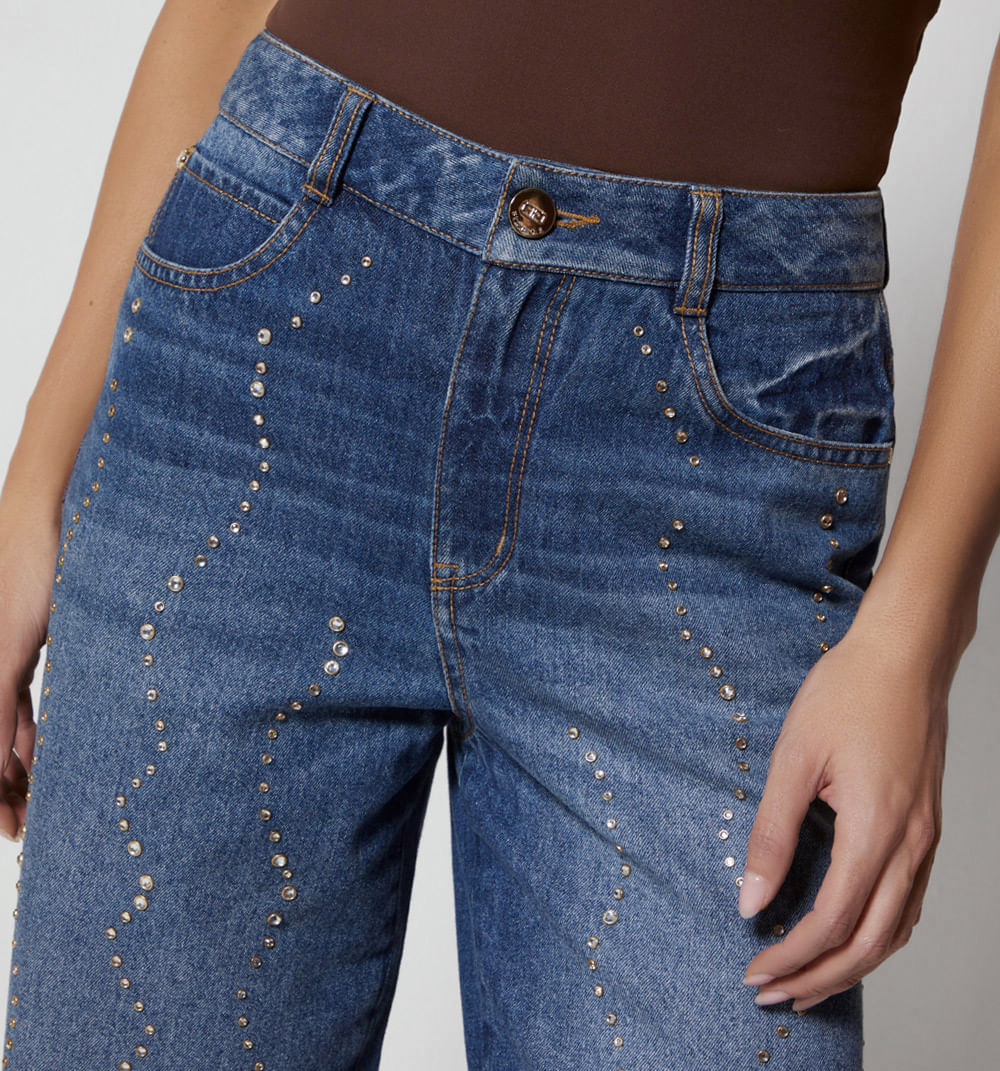 Jean bota recta tiro alto con cristales